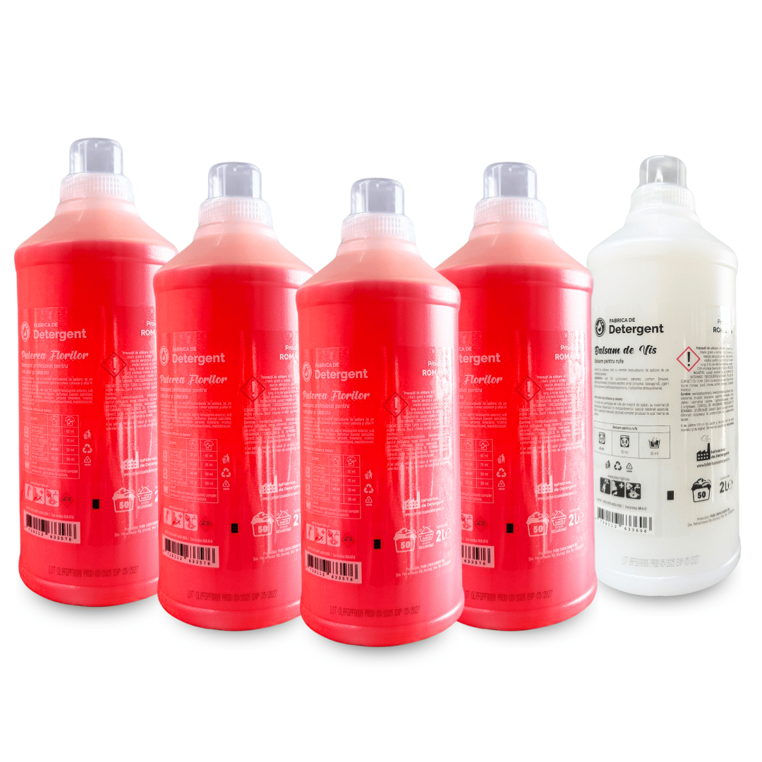 Pachetul cu 4x Detergent Puterea Florilor 2L + 1x Balsam de Vis 2L
