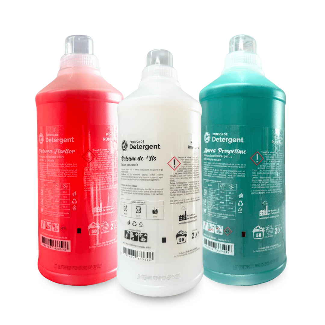 Pachetul cu 1x Detergent Marea Prospetime 2L + 1x Puterea Florilor 2L + 1x Balsam de Vis 2L